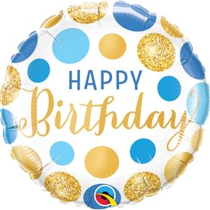 18" Happy Birthday Blue & Gold Dots Foil